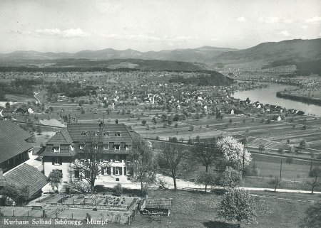 Ansichtskarte - _Schönegg_ nach dem Wiederaufbau 1928, mit Rheinschlaufe - ©Reto Hofer