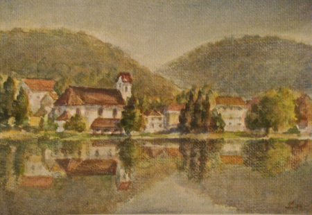 1989 Spiegelung im Rhein, unbekannt, Aquarell