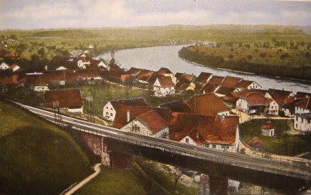 Ansichtskarte - Mumpf mit Eisenbrücke und Mühlenkomplex um 1920 - ©Dorfmuseum