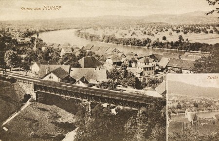 Ansichtskarte - Mumpf, Eisenbrücke und Mühlekomplex - ©Dorfmuseum